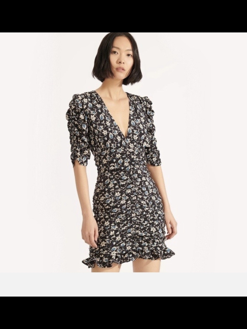 Veronica Beard Black Floral V-Neck Ruched Mini Dress with Blue Accents